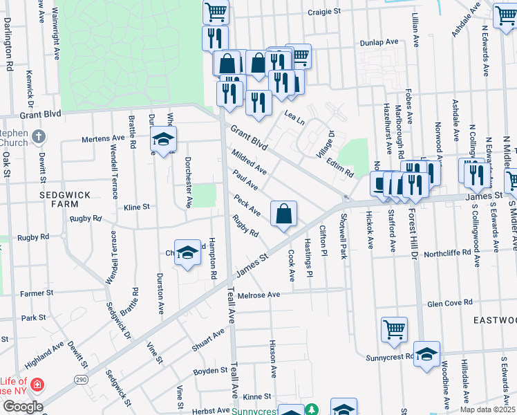 map of restaurants, bars, coffee shops, grocery stores, and more near 122 Peck Avenue in Syracuse