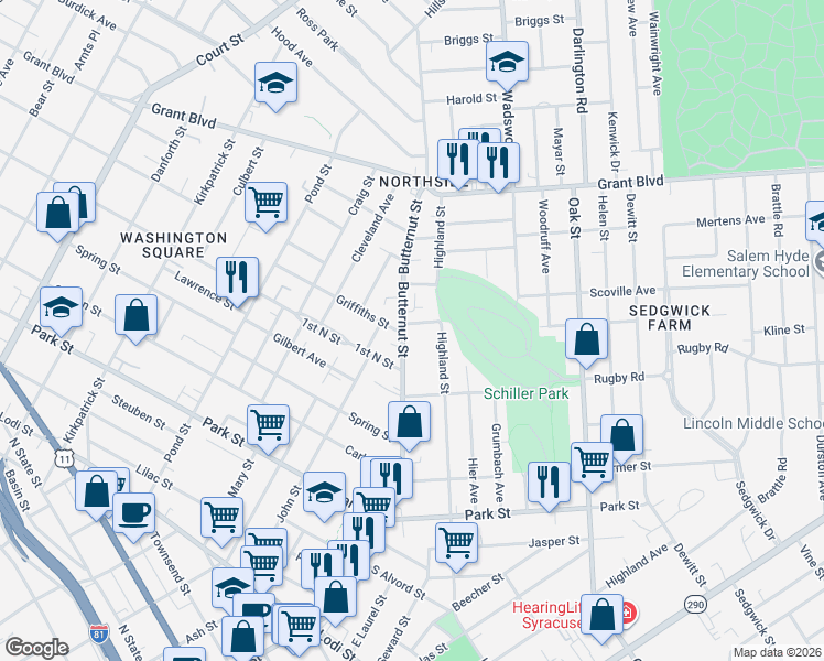 map of restaurants, bars, coffee shops, grocery stores, and more near 1232-34 Butternut Street in Syracuse