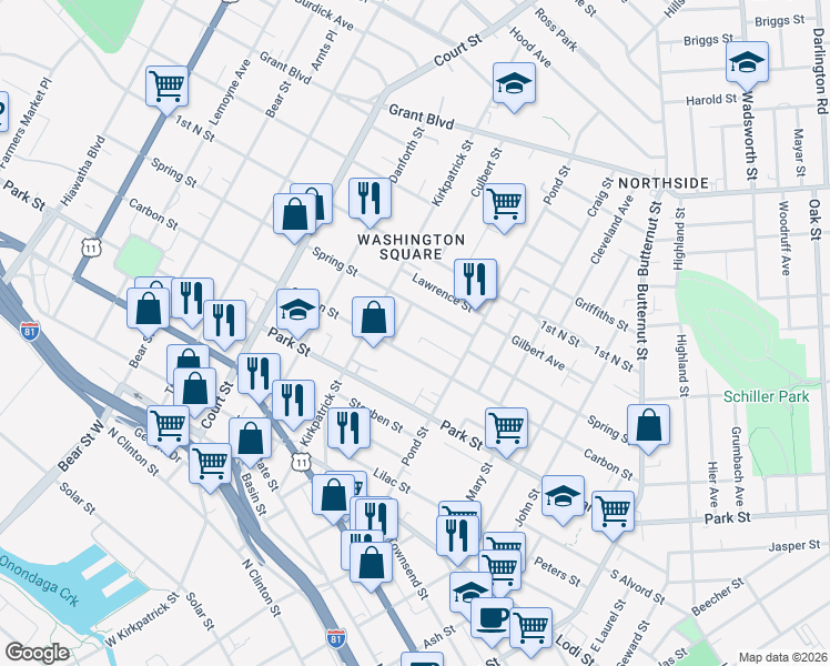map of restaurants, bars, coffee shops, grocery stores, and more near 115 Spring Lane in Syracuse