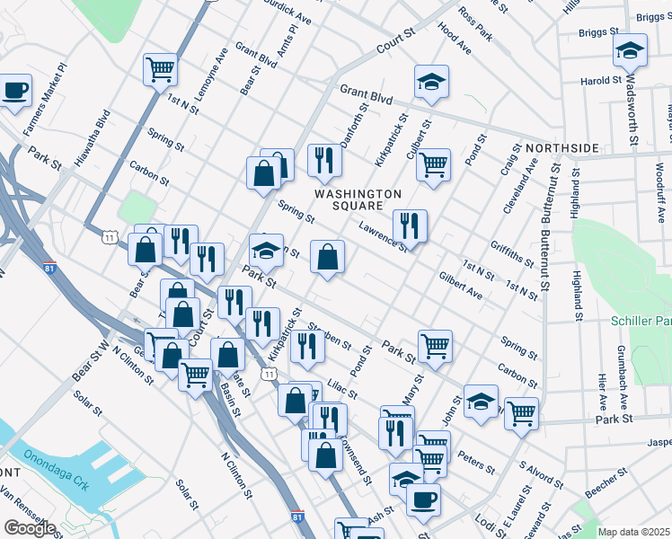 map of restaurants, bars, coffee shops, grocery stores, and more near 637 Carbon Street in Syracuse