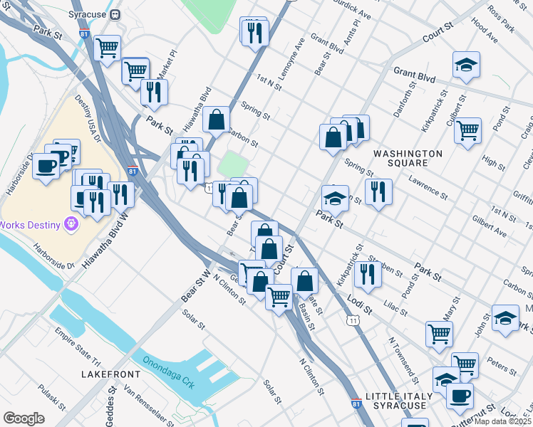 map of restaurants, bars, coffee shops, grocery stores, and more near 1407 North Salina Street in Syracuse