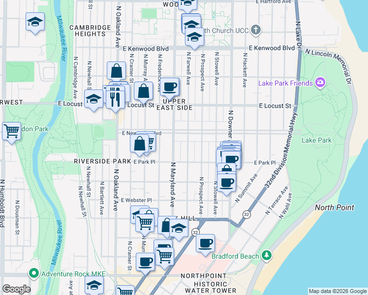 map of restaurants, bars, coffee shops, grocery stores, and more near 2723 North Farwell Avenue in Milwaukee