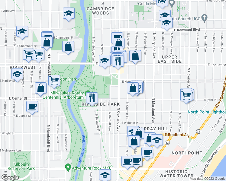 map of restaurants, bars, coffee shops, grocery stores, and more near 2726 North Bartlett Avenue in Milwaukee