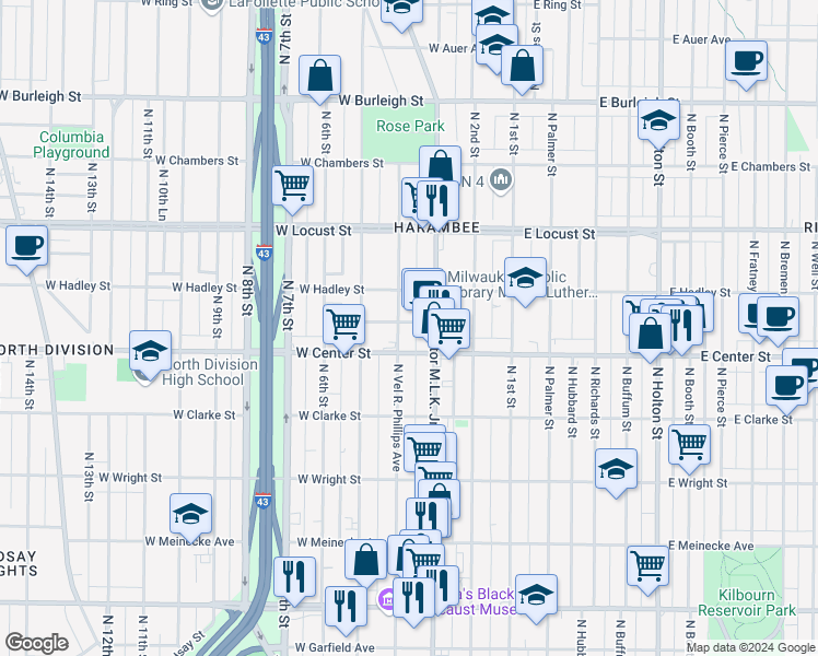 map of restaurants, bars, coffee shops, grocery stores, and more near 2710 Vel R. Phillips Avenue in Milwaukee