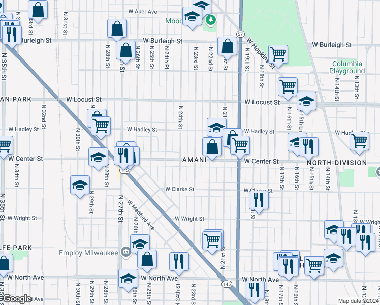 map of restaurants, bars, coffee shops, grocery stores, and more near 2320 West Center Street in Milwaukee