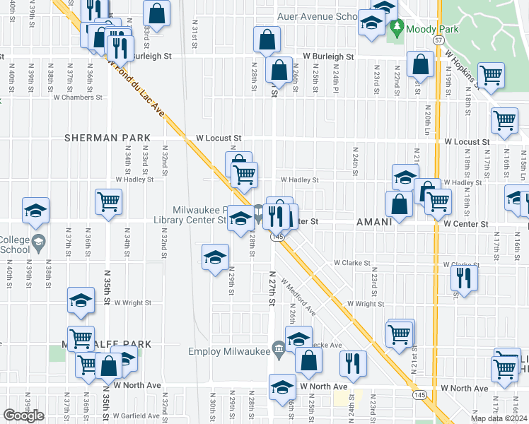 map of restaurants, bars, coffee shops, grocery stores, and more near 2708 West Center Street in Milwaukee