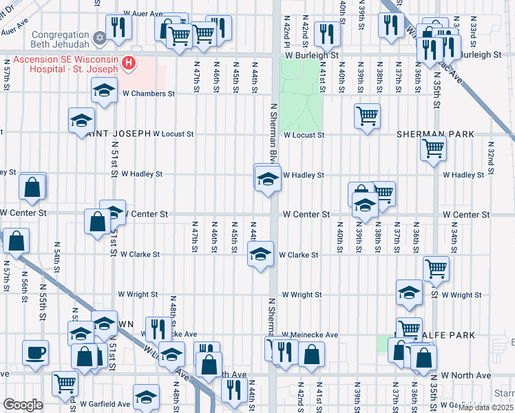 map of restaurants, bars, coffee shops, grocery stores, and more near 4410 West Center Street in Milwaukee