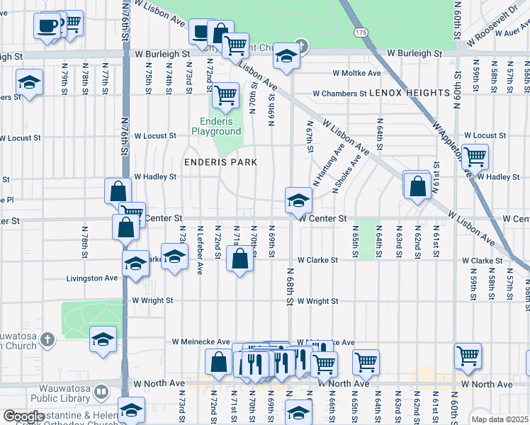 map of restaurants, bars, coffee shops, grocery stores, and more near 6915 West Center Street in Wauwatosa