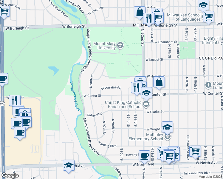 map of restaurants, bars, coffee shops, grocery stores, and more near 9544 West Center Street in Milwaukee