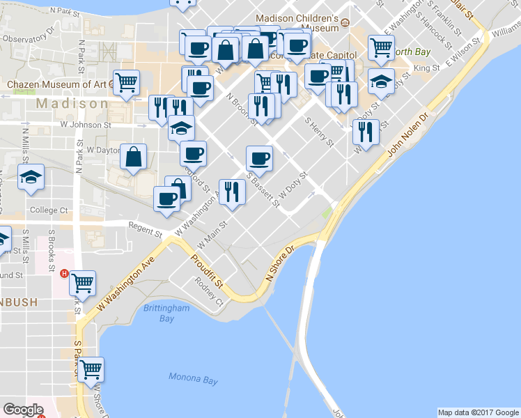 map of restaurants, bars, coffee shops, grocery stores, and more near 524 West Doty Street in Madison