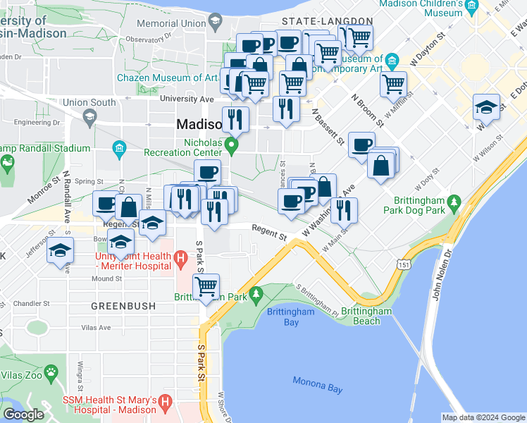 map of restaurants, bars, coffee shops, grocery stores, and more near 700 Regent Street in Madison