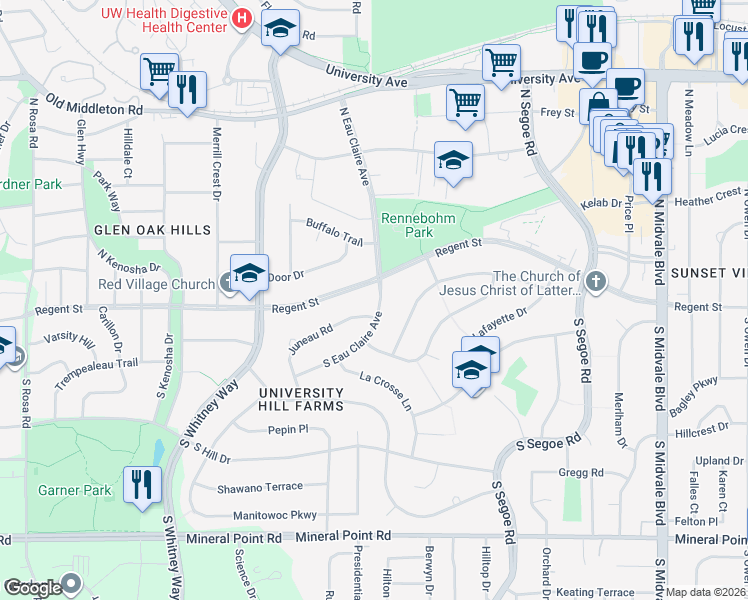 map of restaurants, bars, coffee shops, grocery stores, and more near 15 South Eau Claire Avenue in Madison
