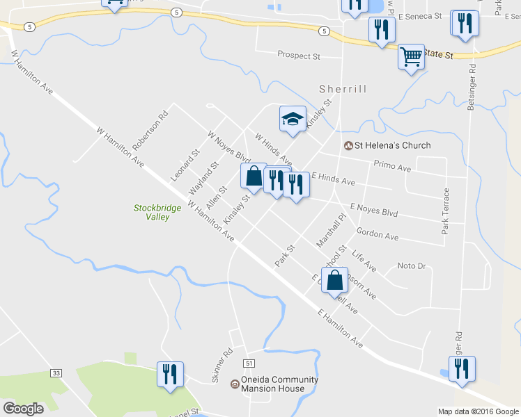 map of restaurants, bars, coffee shops, grocery stores, and more near 707 Sherrill Road in Sherrill