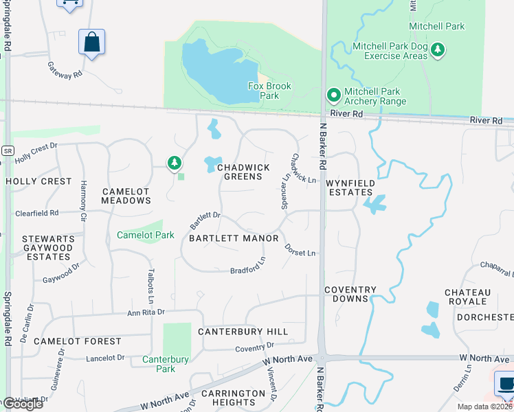 map of restaurants, bars, coffee shops, grocery stores, and more near 20690 Bartlett Court in Brookfield