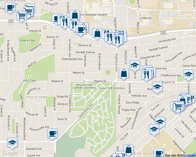 map of restaurants, bars, coffee shops, grocery stores, and more near 10 Grand Avenue in Madison