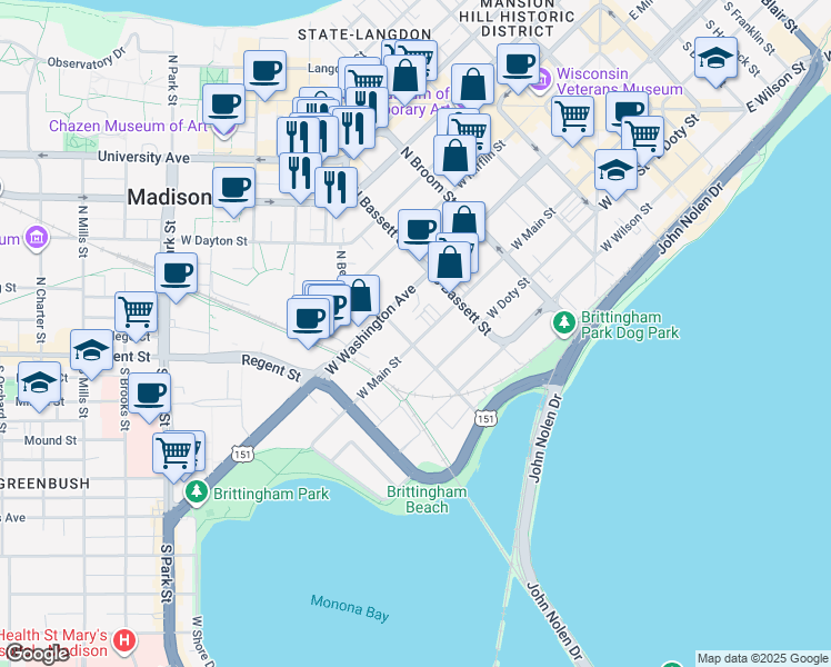 map of restaurants, bars, coffee shops, grocery stores, and more near 548 West Main Street in Madison