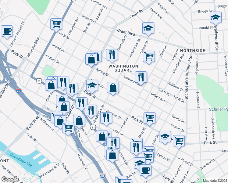 map of restaurants, bars, coffee shops, grocery stores, and more near 600 Kirkpatrick Street in Syracuse