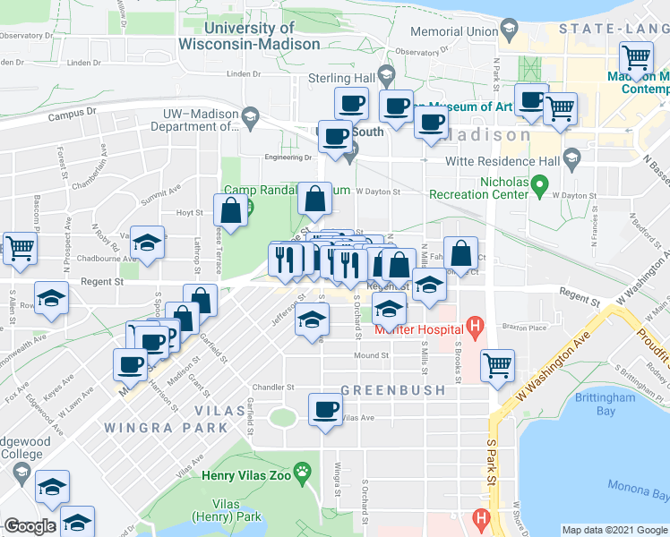 map of restaurants, bars, coffee shops, grocery stores, and more near 5 North Randall Avenue in Madison
