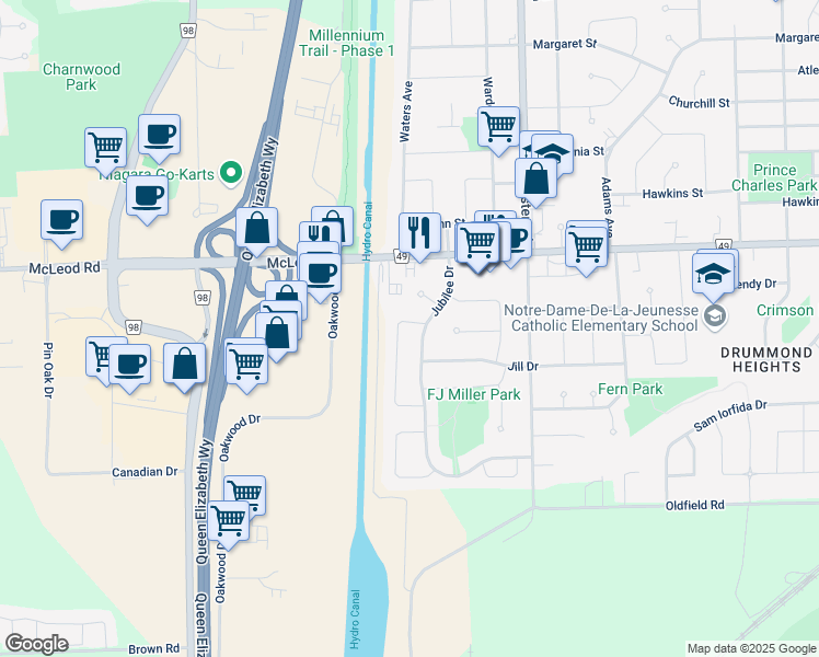map of restaurants, bars, coffee shops, grocery stores, and more near 7382 Redhaven Crescent in Niagara Falls