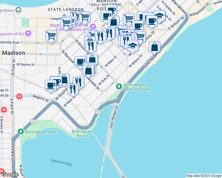 map of restaurants, bars, coffee shops, grocery stores, and more near 427 West Wilson Street in Madison