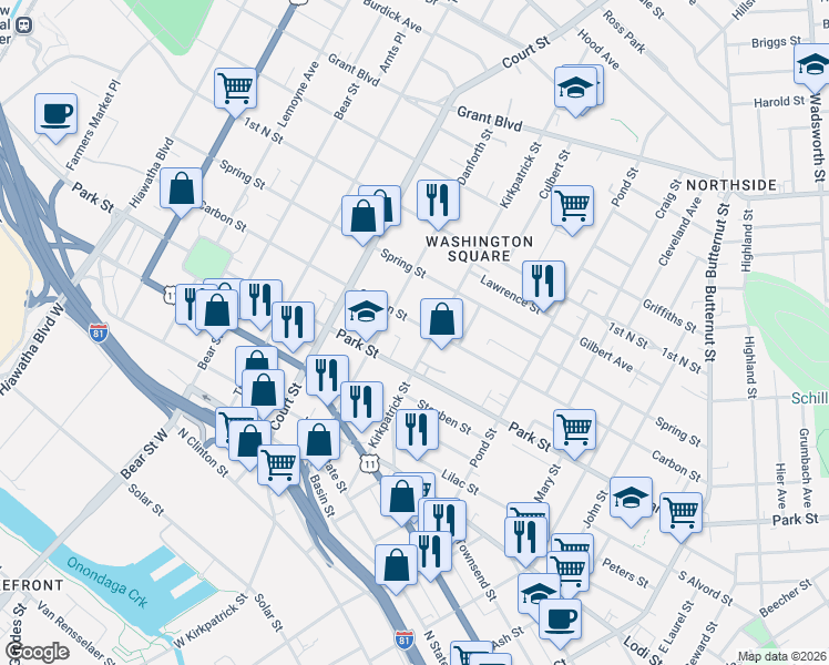 map of restaurants, bars, coffee shops, grocery stores, and more near 509 Kirkpatrick Street in Syracuse