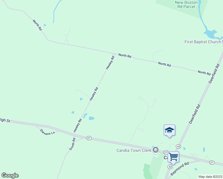 map of restaurants, bars, coffee shops, grocery stores, and more near 85 Healey Road in Candia