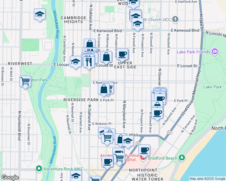 map of restaurants, bars, coffee shops, grocery stores, and more near 2745 North Frederick Avenue in Milwaukee