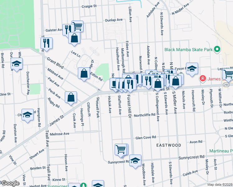 map of restaurants, bars, coffee shops, grocery stores, and more near 2378 James St in Syracuse