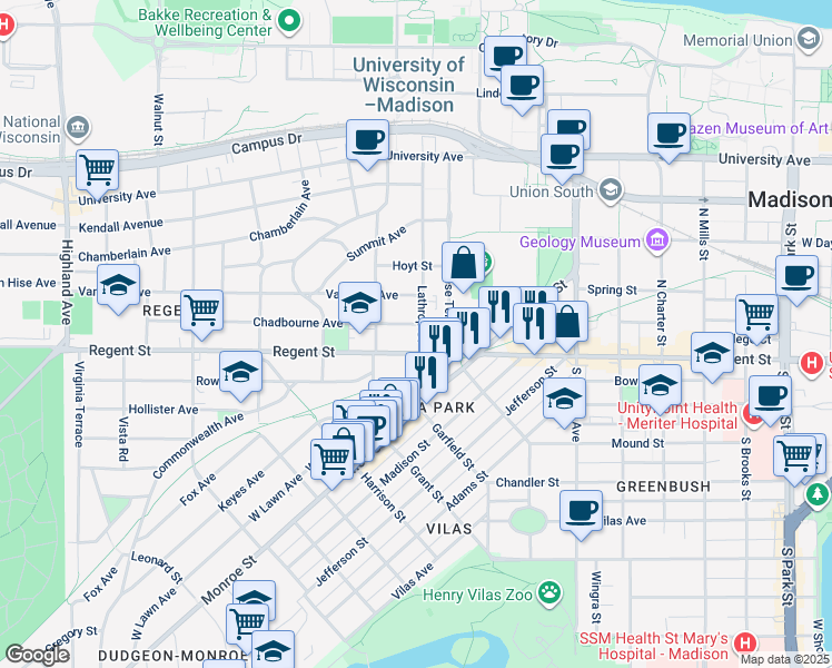 map of restaurants, bars, coffee shops, grocery stores, and more near 10 Lathrop Street in Madison
