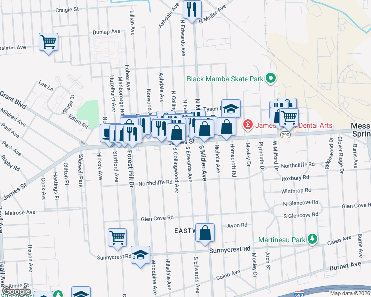 map of restaurants, bars, coffee shops, grocery stores, and more near 129 South Collingwood Avenue in Syracuse