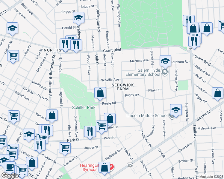 map of restaurants, bars, coffee shops, grocery stores, and more near 630 Dewitt Street in Syracuse