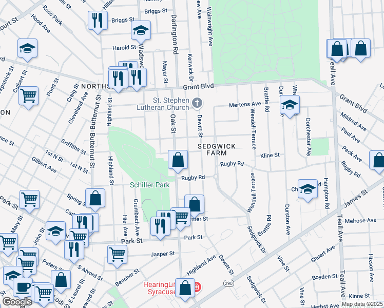 map of restaurants, bars, coffee shops, grocery stores, and more near 419 Helen Street in Syracuse