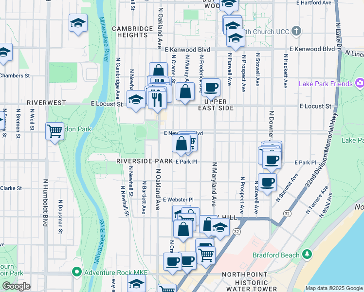 map of restaurants, bars, coffee shops, grocery stores, and more near 2728 North Cramer Street in Milwaukee