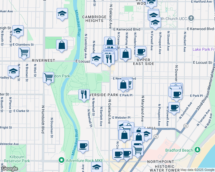 map of restaurants, bars, coffee shops, grocery stores, and more near 2729 North Oakland Avenue in Milwaukee