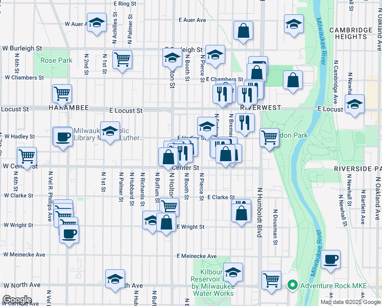 map of restaurants, bars, coffee shops, grocery stores, and more near 2721 North Pierce Street in Milwaukee