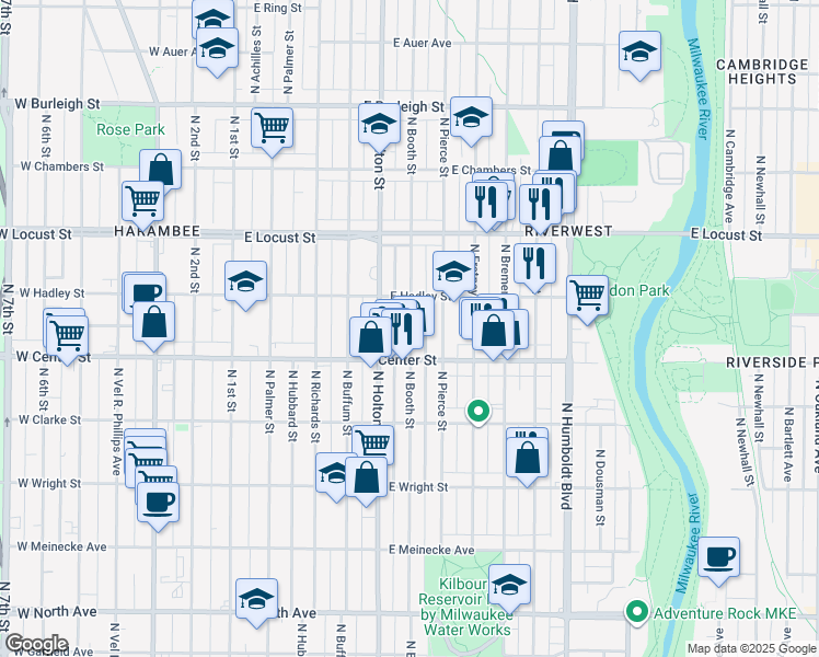 map of restaurants, bars, coffee shops, grocery stores, and more near 2723 North Booth Street in Milwaukee