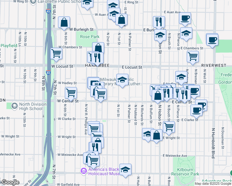 map of restaurants, bars, coffee shops, grocery stores, and more near 2722 North 2nd Street in Milwaukee