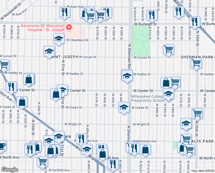 map of restaurants, bars, coffee shops, grocery stores, and more near 4519 West Center Street in Milwaukee