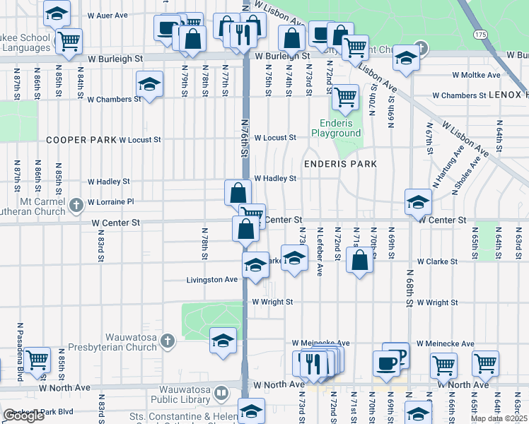 map of restaurants, bars, coffee shops, grocery stores, and more near 7508 West Center Street in Wauwatosa