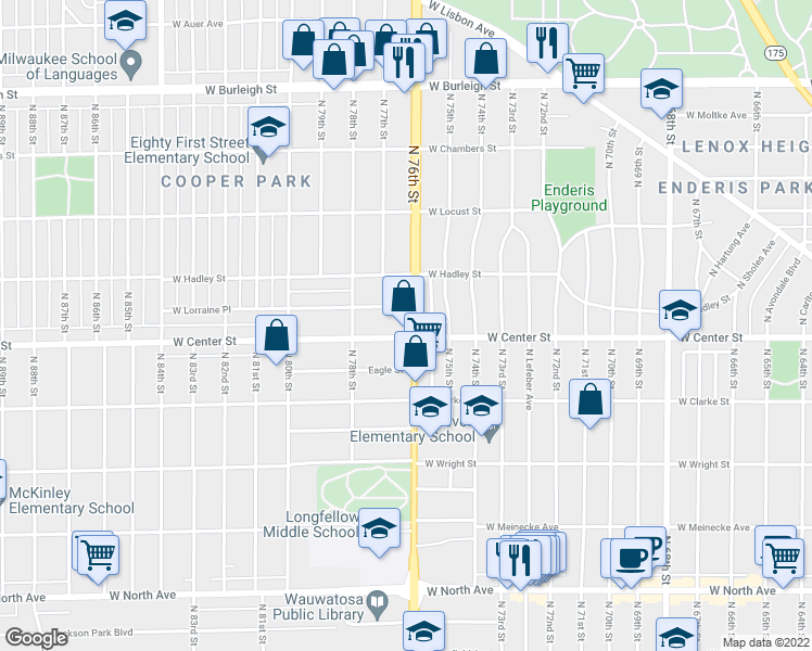 map of restaurants, bars, coffee shops, grocery stores, and more near 7623 West Center Street in Milwaukee