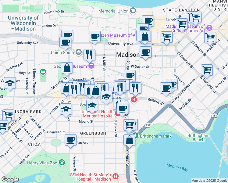 map of restaurants, bars, coffee shops, grocery stores, and more near 1002 College Court in Madison