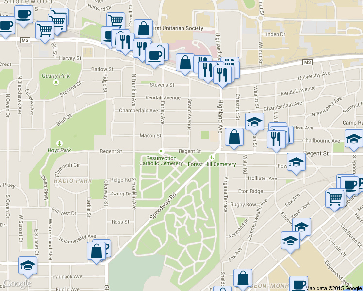 map of restaurants, bars, coffee shops, grocery stores, and more near 10 Grand Avenue in Madison