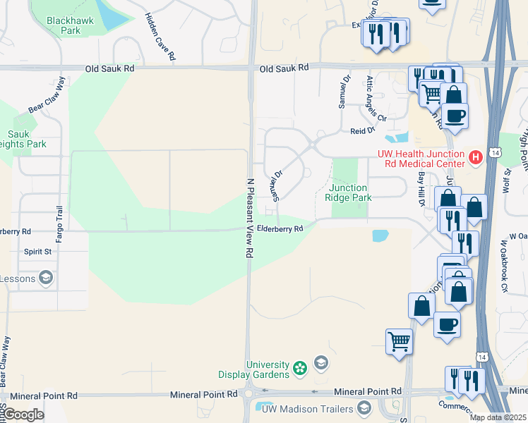 map of restaurants, bars, coffee shops, grocery stores, and more near 310 Samuel Drive in Madison
