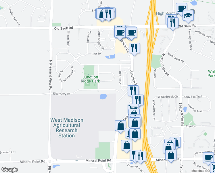 map of restaurants, bars, coffee shops, grocery stores, and more near 8426 Elderberry Road in Madison
