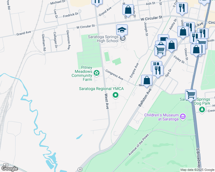 map of restaurants, bars, coffee shops, grocery stores, and more near 246 West Avenue in Saratoga Springs