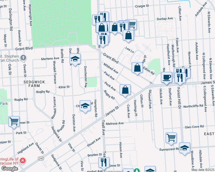 map of restaurants, bars, coffee shops, grocery stores, and more near 141 Peck Avenue in Syracuse