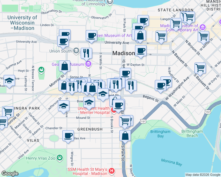 map of restaurants, bars, coffee shops, grocery stores, and more near 1002 College Court in Madison