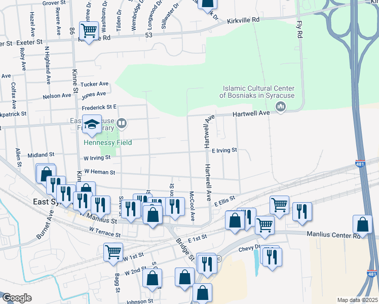 map of restaurants, bars, coffee shops, grocery stores, and more near 500 McCool Avenue in East Syracuse