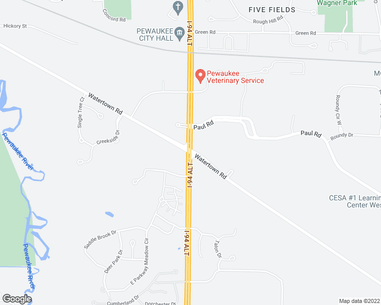 map of restaurants, bars, coffee shops, grocery stores, and more near Watertown Road in Pewaukee