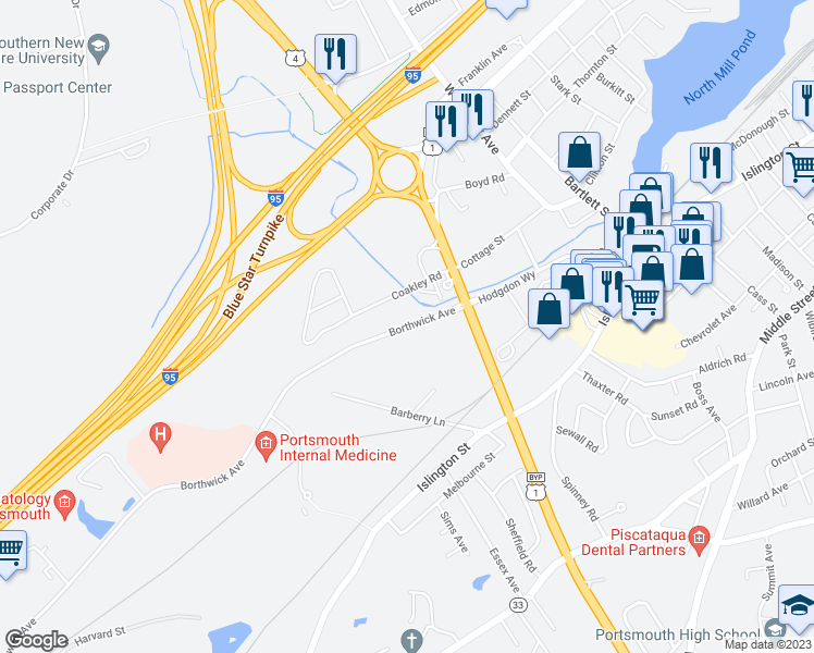 map of restaurants, bars, coffee shops, grocery stores, and more near 8 Borthwick Avenue in Portsmouth